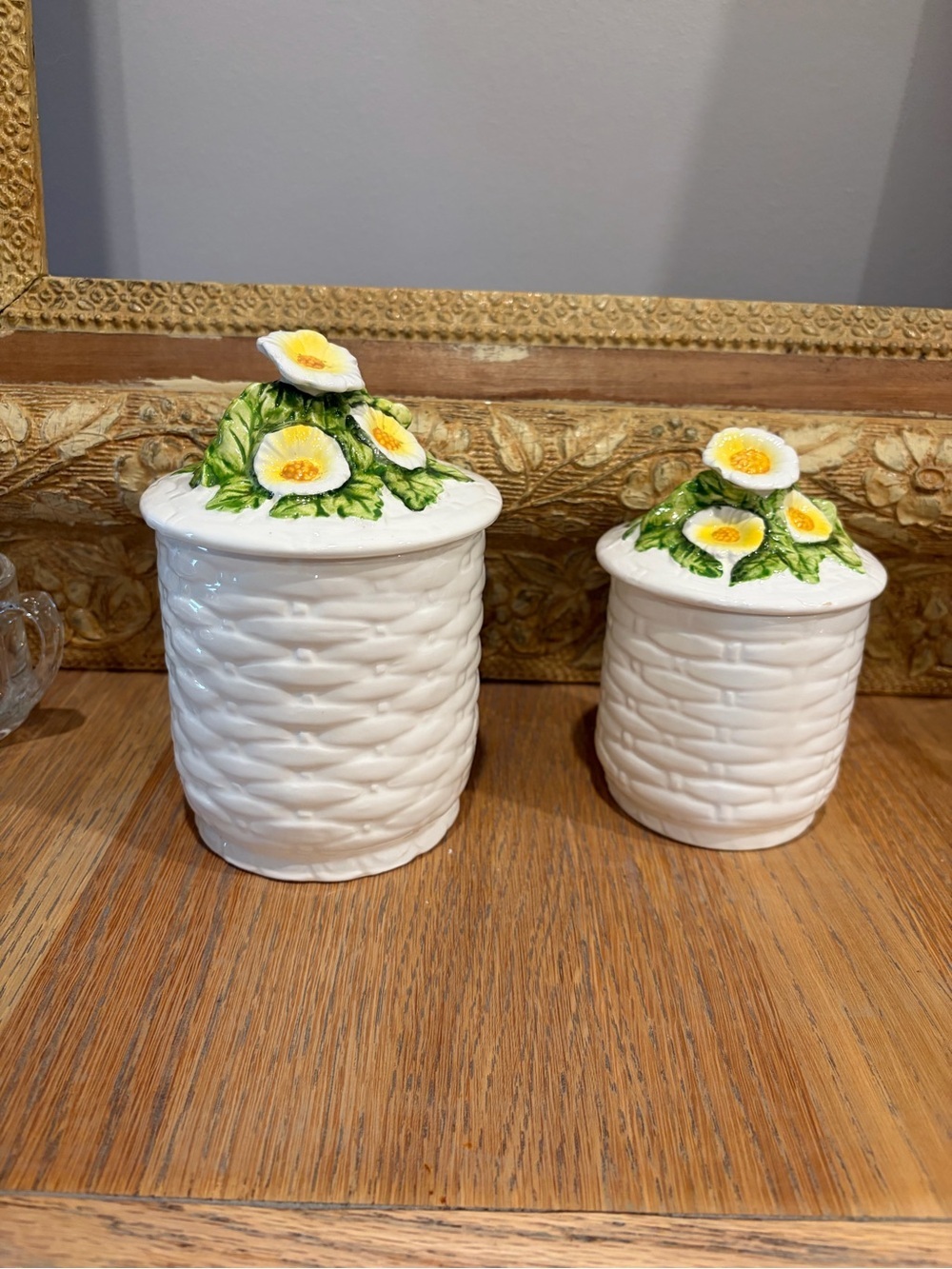 Vintage Geo Z Lefton Rustic Daisy Basketweave Canister Set of 2 Mid Century